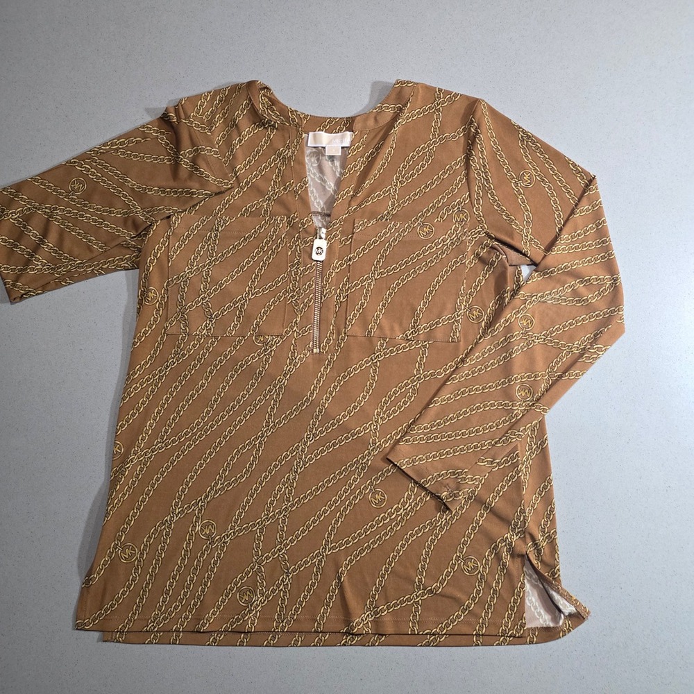 Michael Kors Women Brown Gold Chain Link MK Logo Zip V-Neck Blouse Top Small